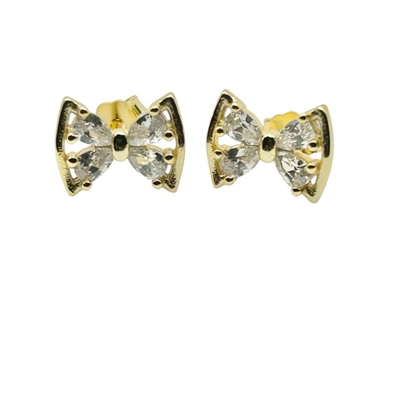 Elegant Gold Bow Zircon Earrings 925 Sterling Silver Posts - Picture 1 of 6